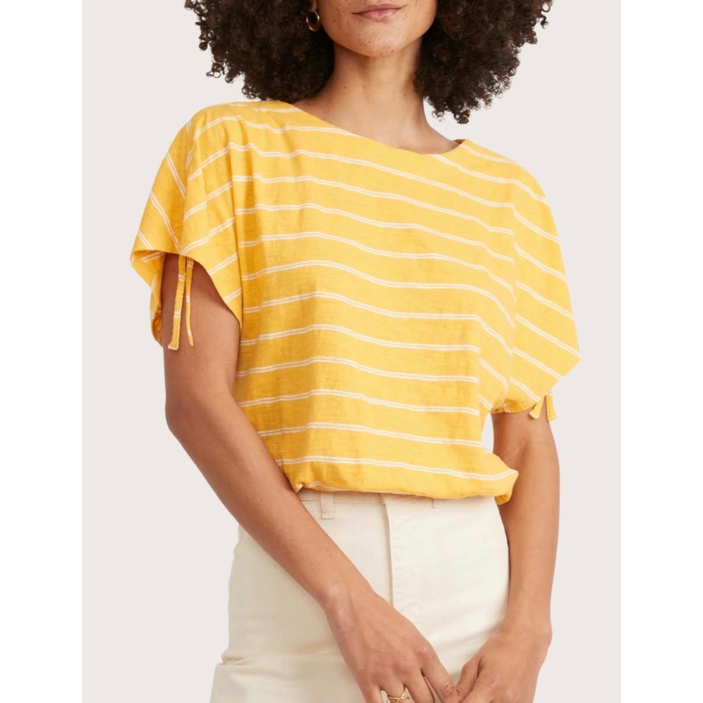 Marine Layer Yellow White Striped Dolman Sleeve Top Elastic Hem Size L Cotton